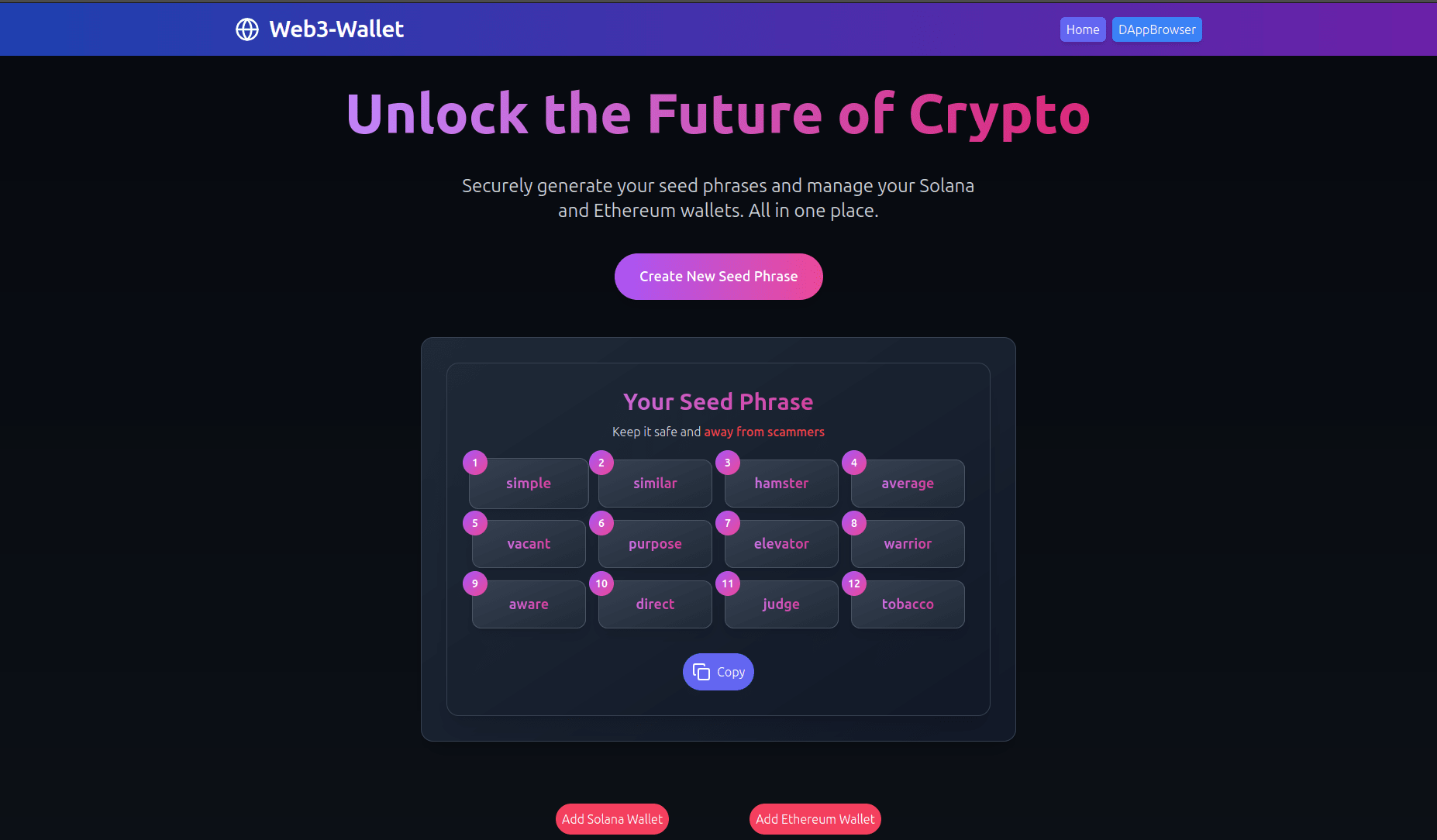 Web3 Wallet project screenshot showing the application interface and features